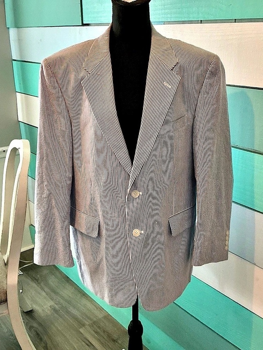 Stafford Mens Seersucker Blazer Blue White Sport Coat see size chart 42/44 est